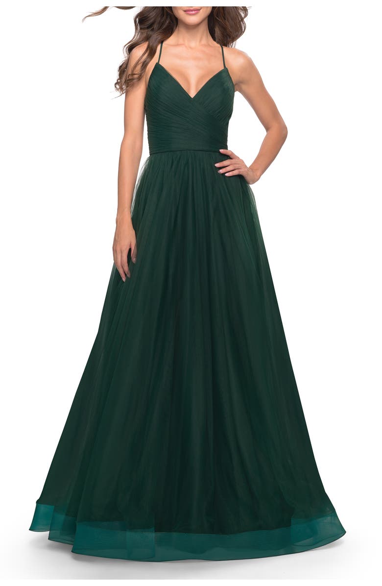 La Femme Long Tulle A-line Gown with Side Slit and Pockets, Main, color, Dark Emerald