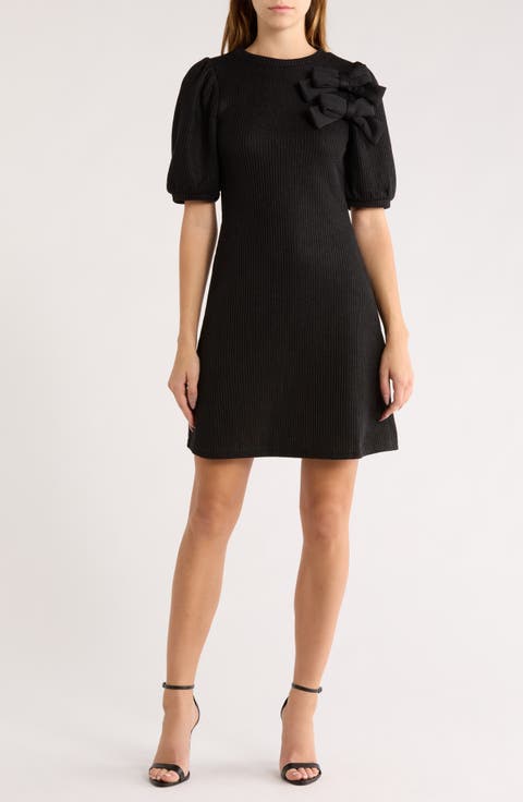 Double Bow Puff Sleeve Sweater Dress