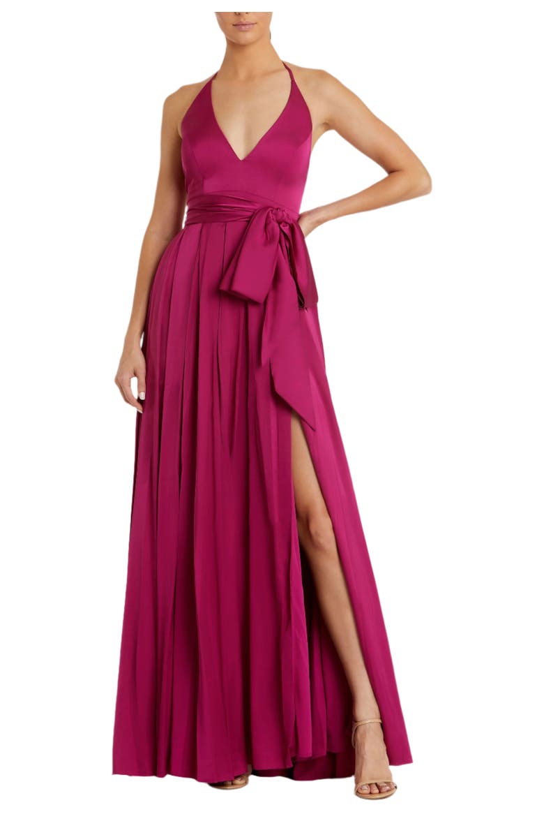 Mac Duggal Charmeuse Halter Strap Soft Tie Waist Gown, Main, color, Magenta