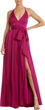 Mac Duggal Charmeuse Halter Strap Soft Tie Waist Gown