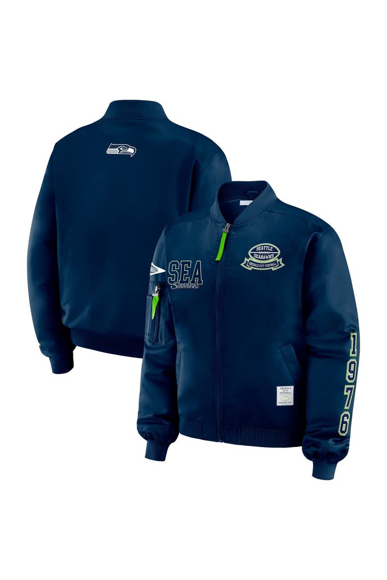 Women's WEAR by Erin Andrews College Navy Seattle Seahawks Patch Full-Zip Bomber Jacket, Main, color, College Navy