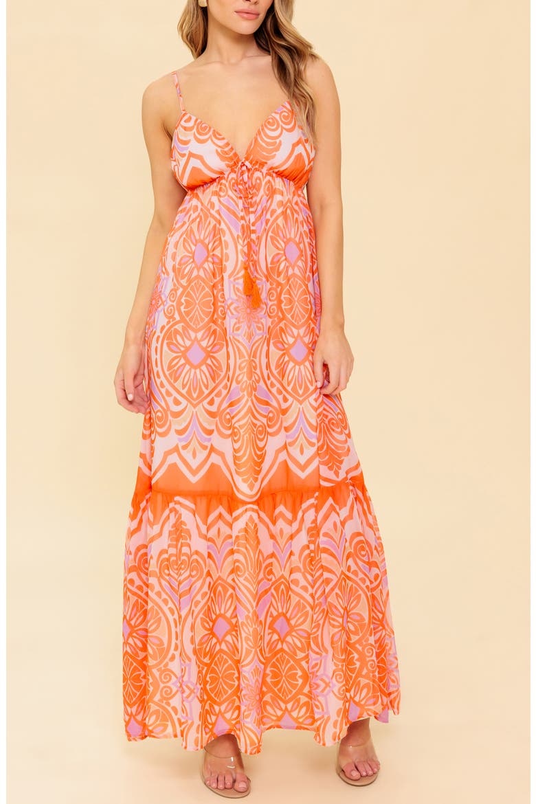 Drawstring V-Neck Maxi Dress, Alternate, color, CORAL