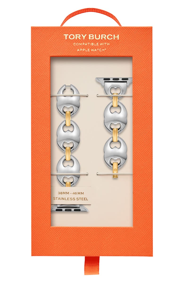 Tory Burch The Double T Link Two-Tone 18mm Apple Watch<sup>®</sup> Bracelet Watchband, Alternate, color, Two Tone