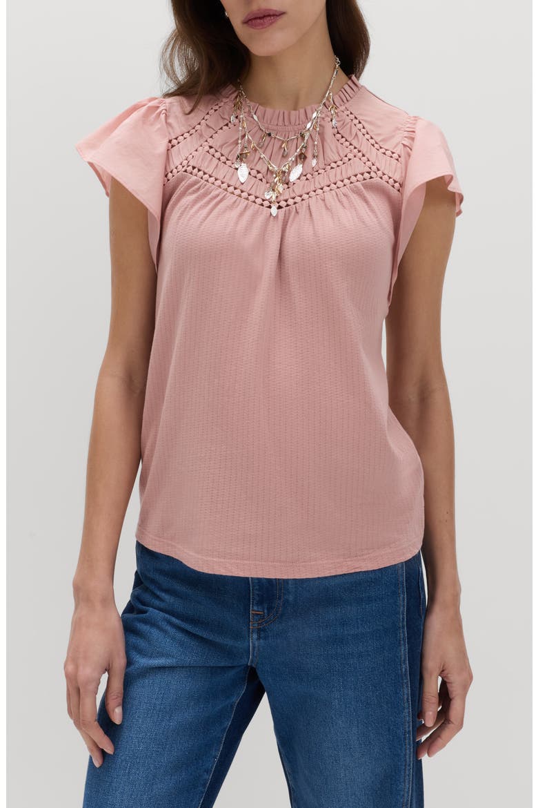 Circle Trim Flutter Sleeve Cotton Top, Main, color, ROSE PINK