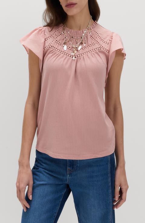 Circle Trim Flutter Sleeve Cotton Top