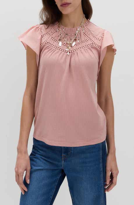 Circle Trim Flutter Sleeve Cotton Top