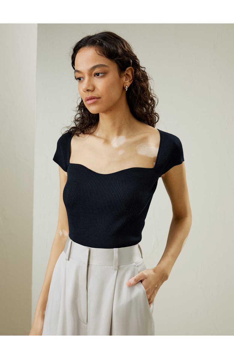 Lilysilk Sweetheart Neck Ribbed Silk Knit Top, Alternate, color, Navy Blue