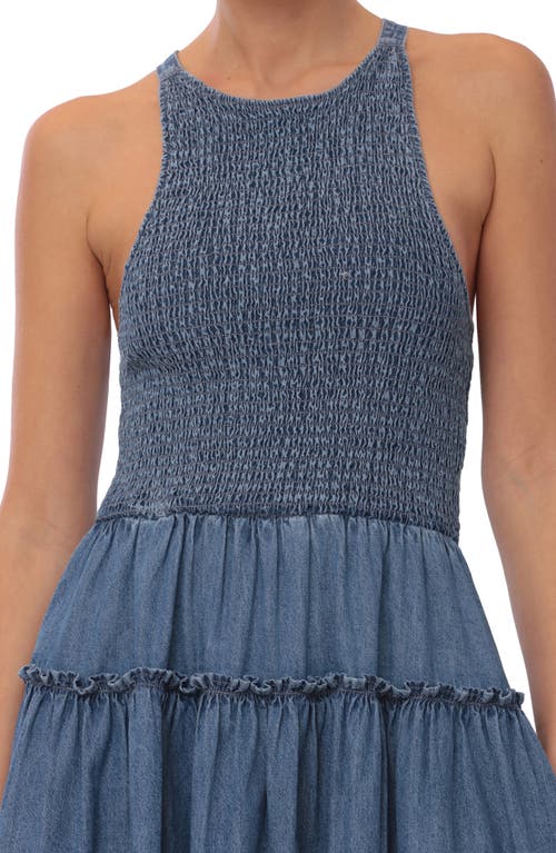 Avec Les Filles Smocked Bodice Chambray Midi Dress In Light Wash