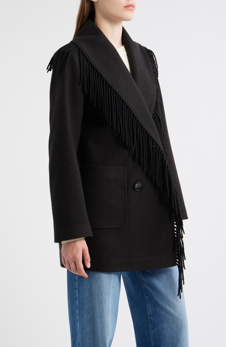 Sam Edelman Fringe Shawl Collar Coat, Alternate, color, Black