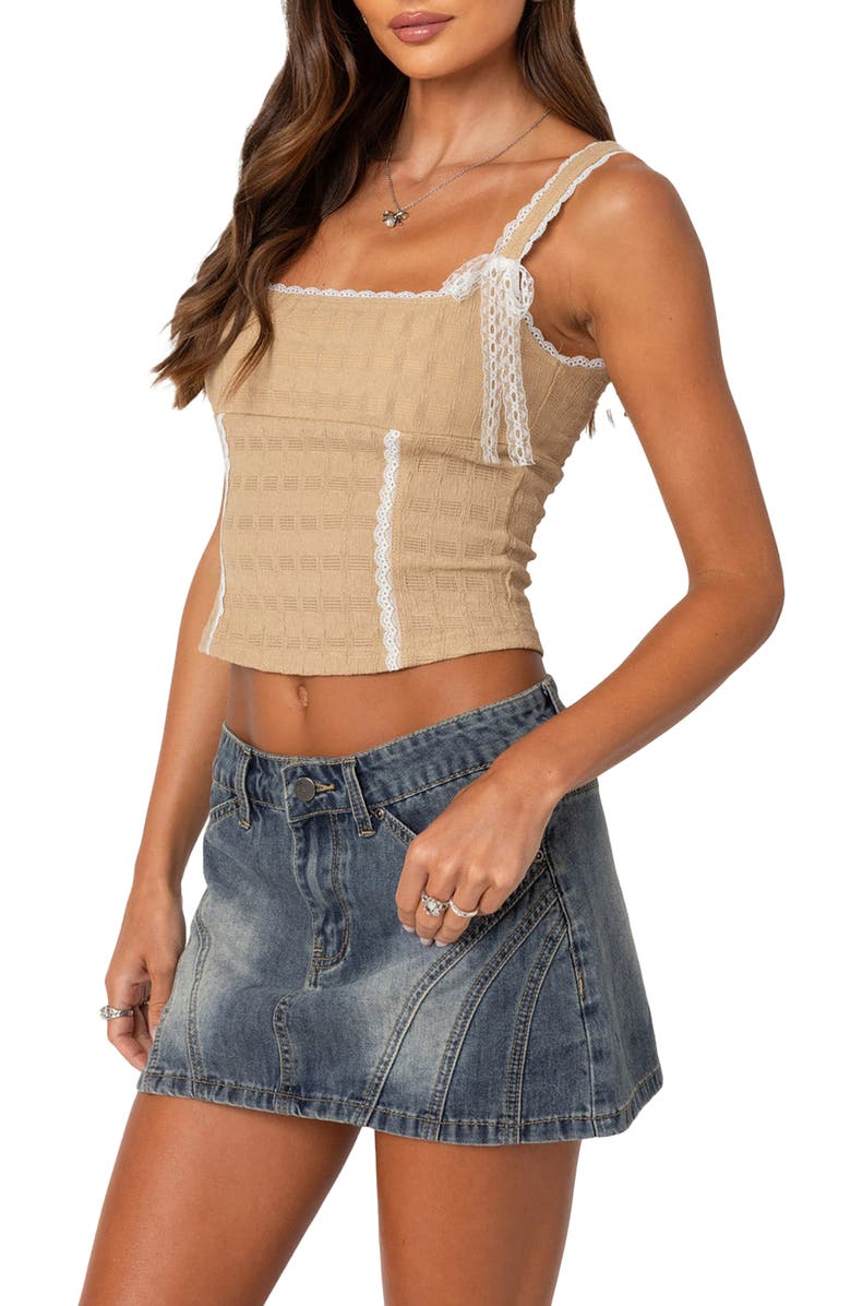 EDIKTED Lace Trim Stretch Cotton Crop Top, Alternate, color, Beige