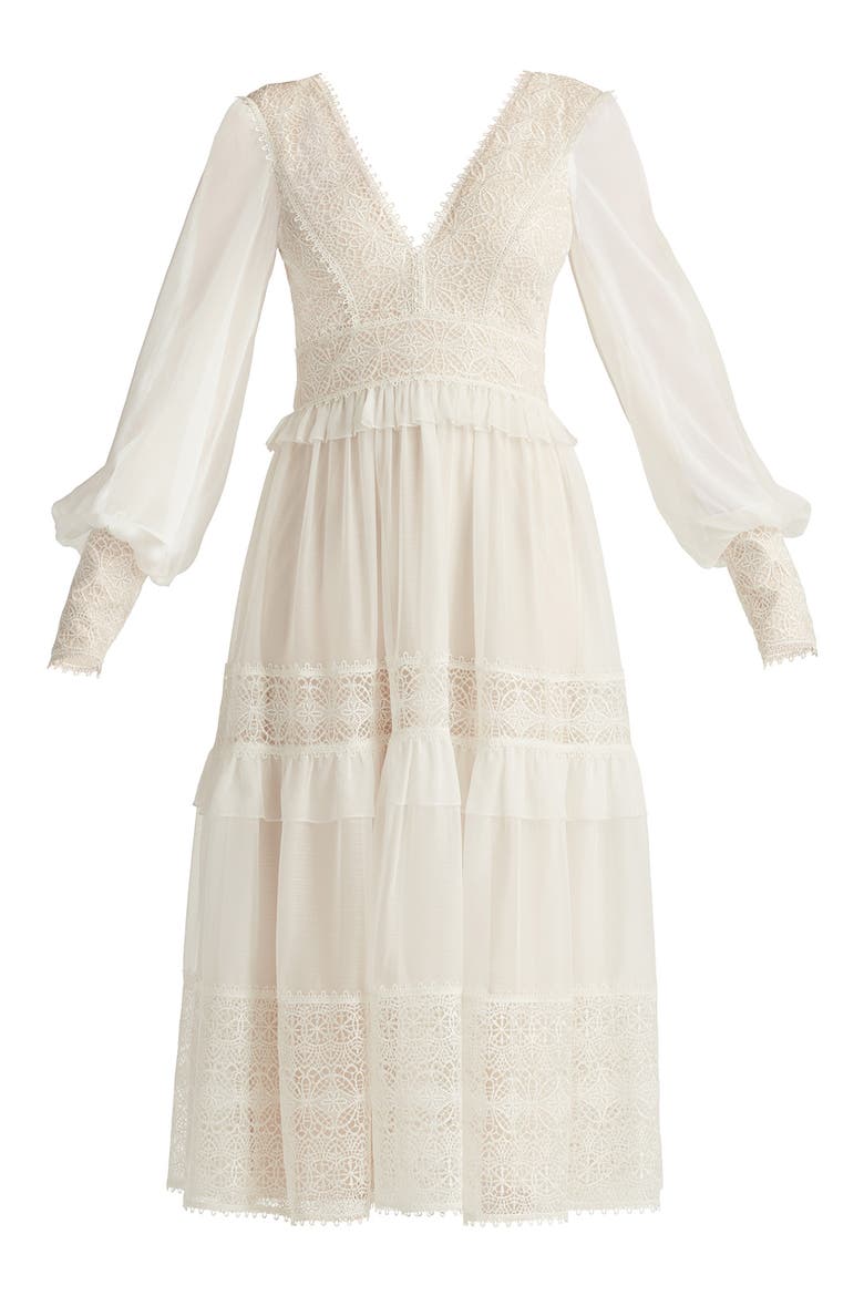 Lace Detail Long Sleeve Cocktail Midi Dress, Alternate, color, IVORY/ PETAL