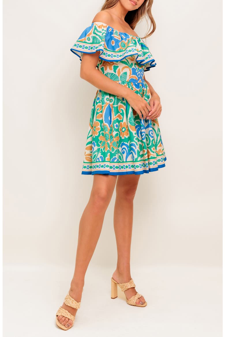 Off-the-Shoulder Print Mini Dress, Alternate, color, SAGE BLUE