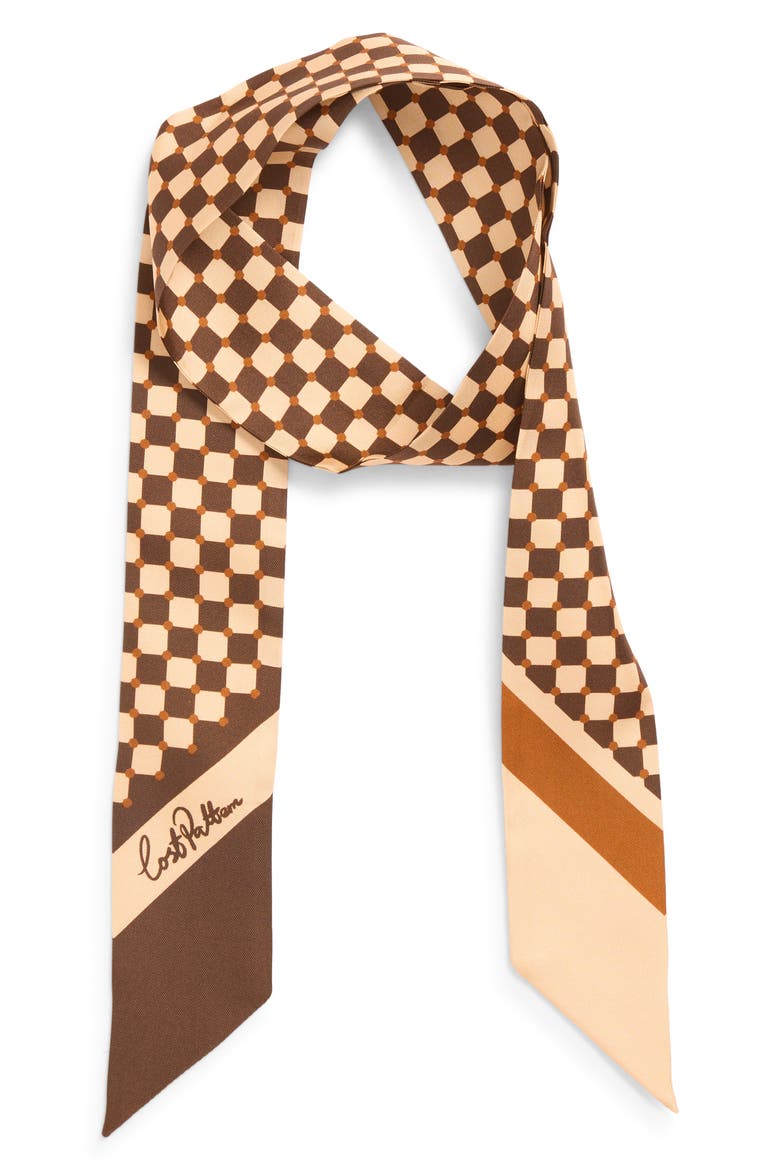 Checkerboard Skinny Silk Scarf, Alternate, color, COFFEE