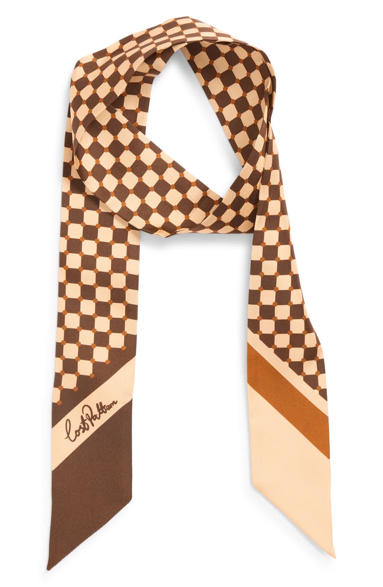 Lost Pattern Checkerboard Skinny Silk Scarf, Alternate, color, Coffee