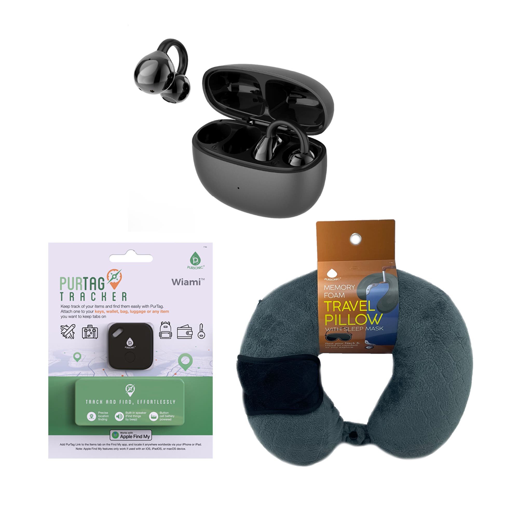 PURSONIC Ultimate Travel Essentials Bundle - Wireless Earbuds, Purtag Tracker & Memory Foam Travel Pillow Set, Main, color, Black
