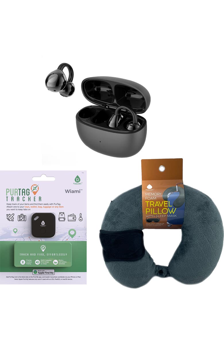 PURSONIC Ultimate Travel Essentials Bundle - Wireless Earbuds, Purtag Tracker & Memory Foam Travel Pillow Set, Main, color, Black
