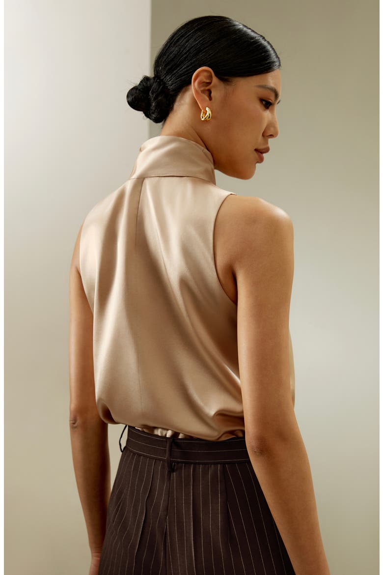 Women's Sleeveless Tie-Neck Silk Blouse, Alternate, color, Light Camel