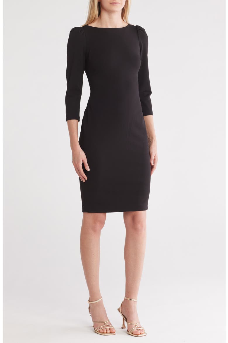 Three-Quarter Sleeve Scuba Crepe Sheath Dress, Main, color, BLACK