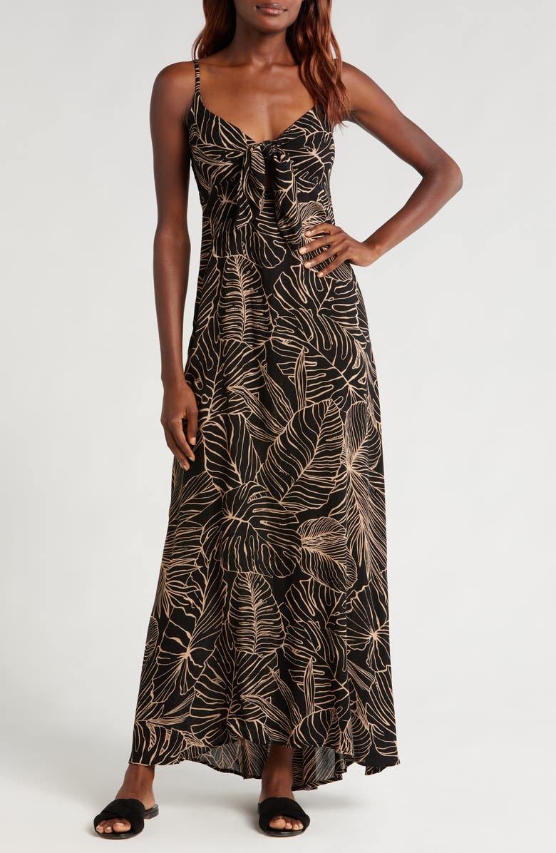 Elan Cutout Tie Front Maxi Cover-Up Sundress, Main, color, Black/ Natural Tropics