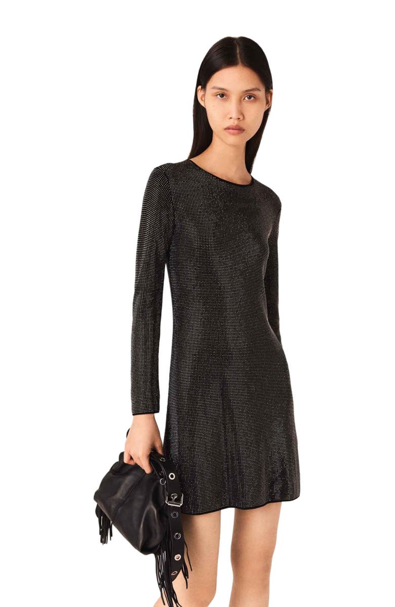 maje Mini rhinestone knit dress, Alternate, color, Black