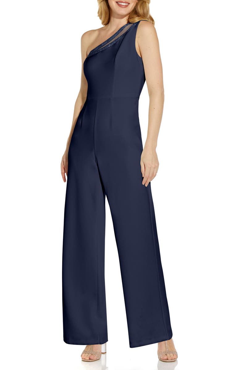 Adrianna Papell Beaded One-Shoulder Crepe Jumpsuit, Main, color, 