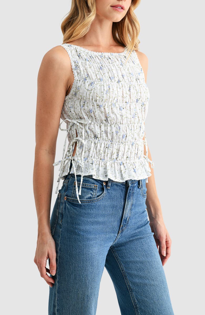 All in Favor Floral Smocked Side Tie Cotton Tank, Alternate, color, Blue Ditsy