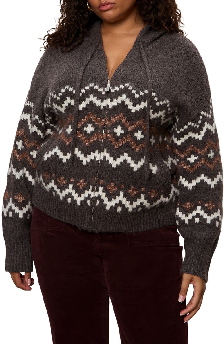 Sanctuary Fair Isle Zip-Up Sweater Hoodie, Main, color, Mocha Brown