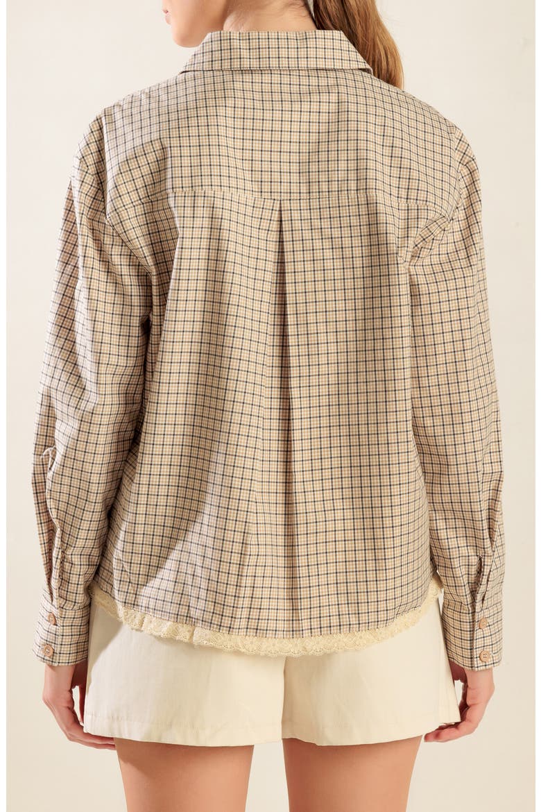 Plaid Cotton Shirt with Lace Trim, Alternate, color, TAUPE