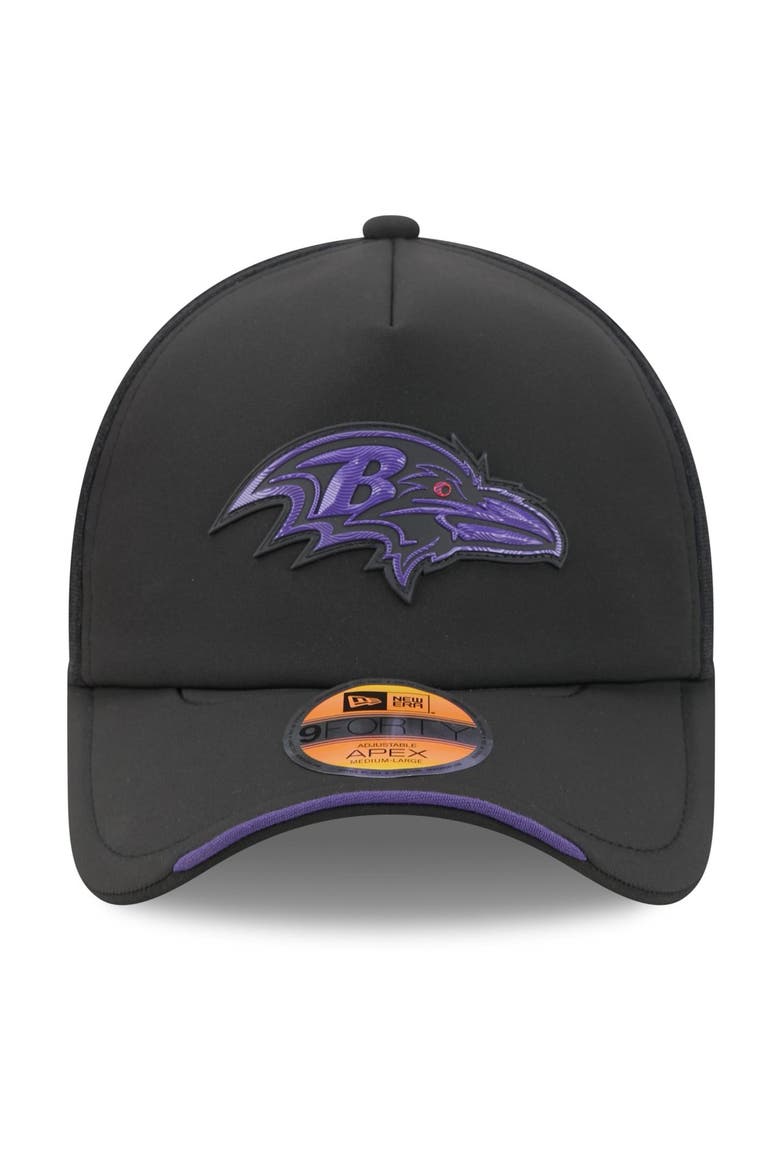 Men's New Era Black Baltimore Ravens 2026 Sideline Apex 9FORTY Adjustable Trucker Hat, Alternate, color, Black