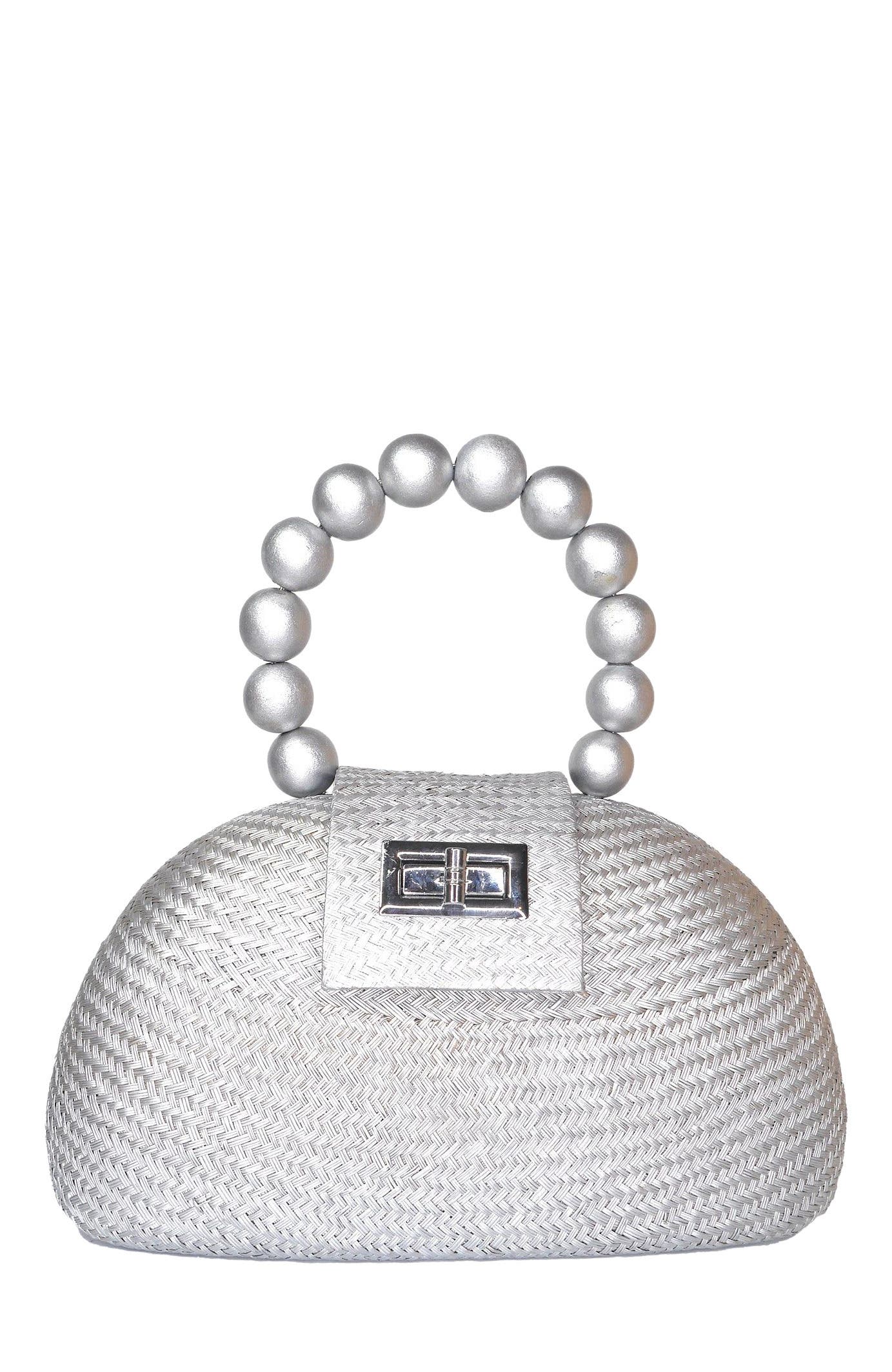Soli & Sun THE ORLA Woven Straw & Wooden Bead Statement Clutch Bag in Silver 