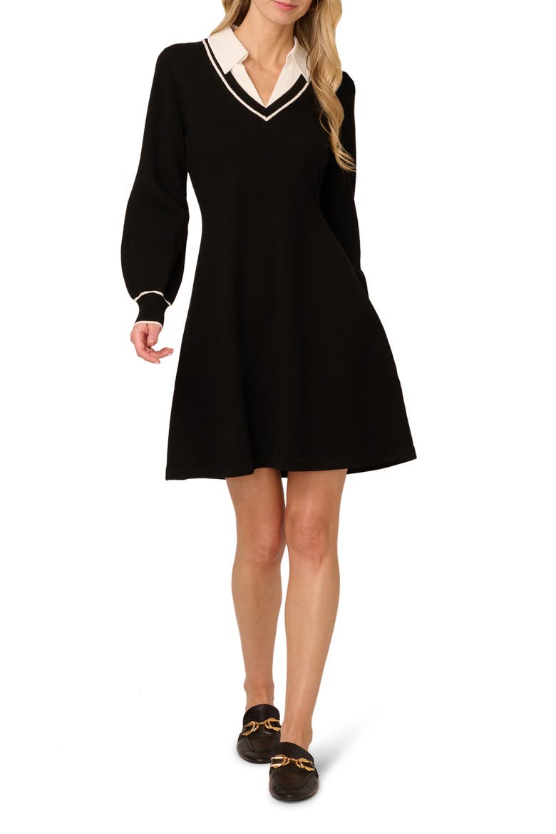 Collared Long Sleeve Twofer Sweater Dress, Main, color, BLACK/ IVORY