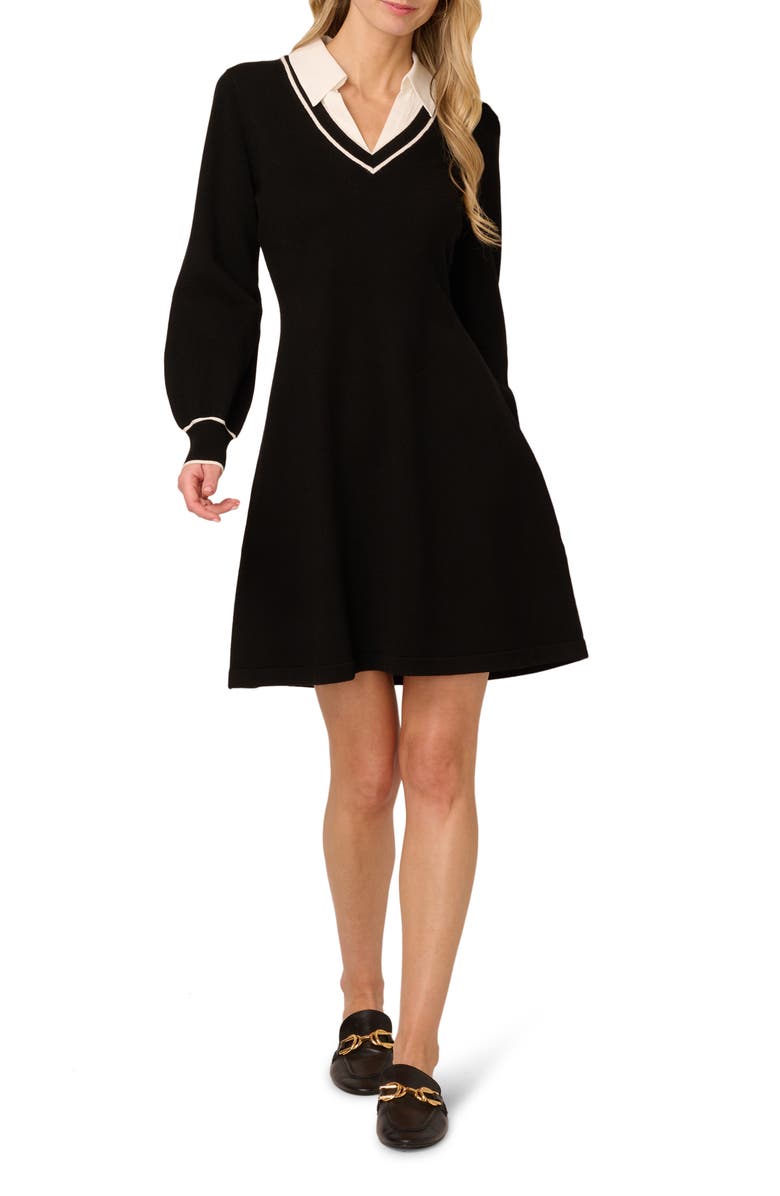 Adrianna Papell Collared Long Sleeve Twofer Sweater Dress, Main, color, Black/ Ivory