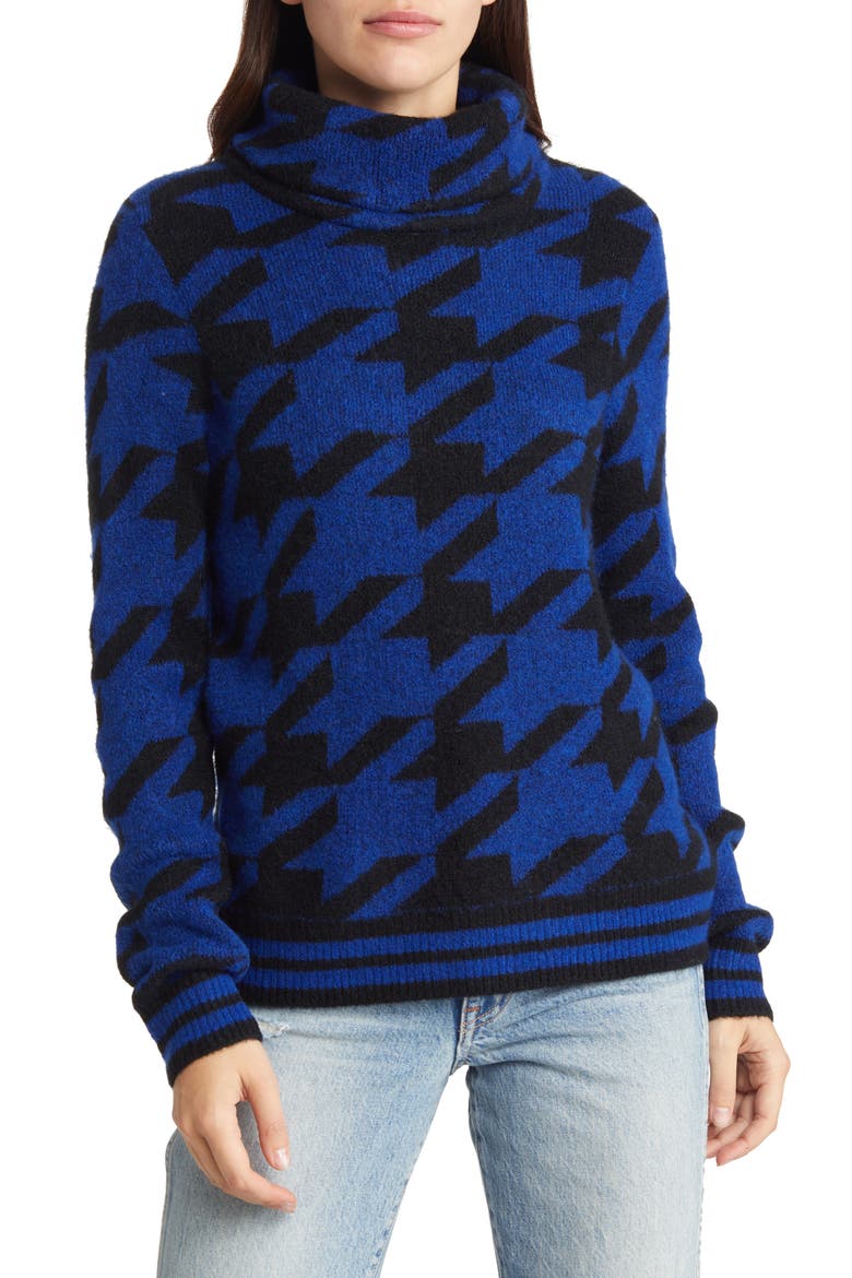 Kimberly Houndstooth Roll Neck Sweater, Main, color, SODALITE BLUE PATTERN BLK