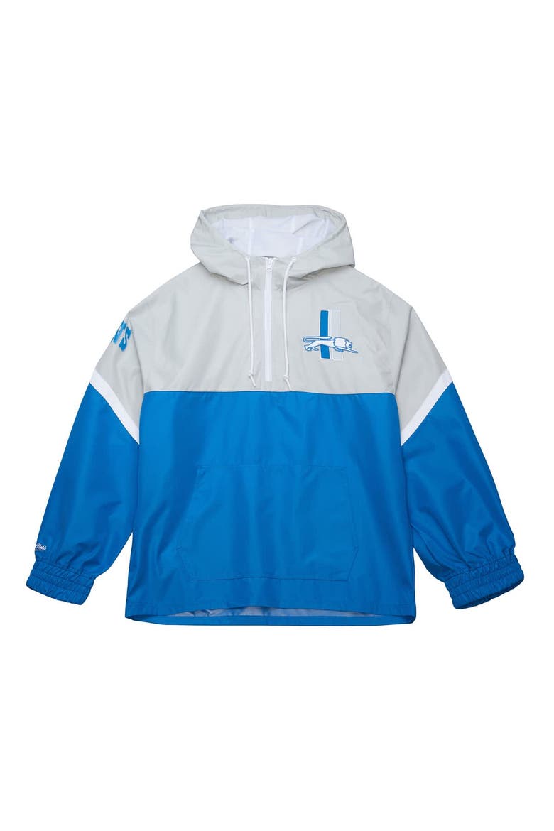 Men's Mitchell & Ness Silver/Blue Detroit Lions Tie Breaker Vintage Logo Lightweight Anorak Half-Zip Windbreaker, Alternate, color, Silver