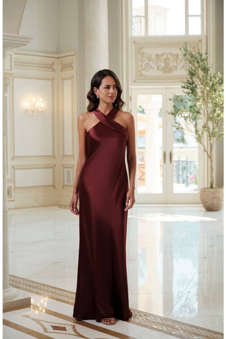 Halter Neck Satin Trumpet Gown, Alternate, color, WINE