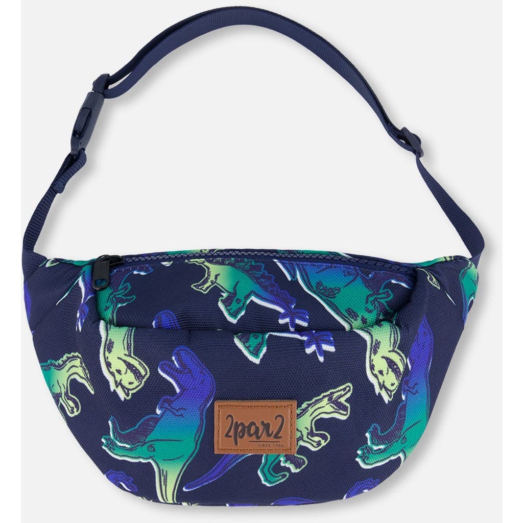 Deux Par Deux Boy's Printed Fanny Pack Blue And Green Dino On Navy In Blue And Green Dino On Navy
