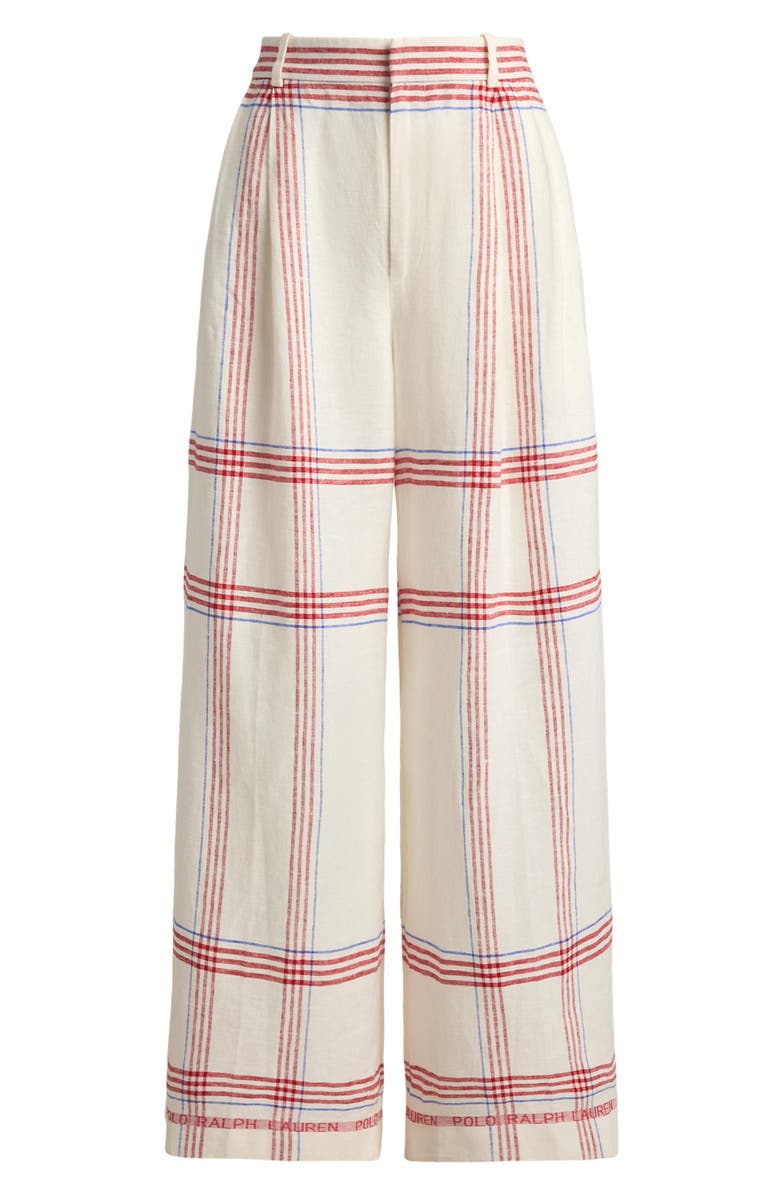 Polo Ralph Lauren Plaid Linen Crop Wide Leg Pants, Alternate, color, Cream-Red Multi