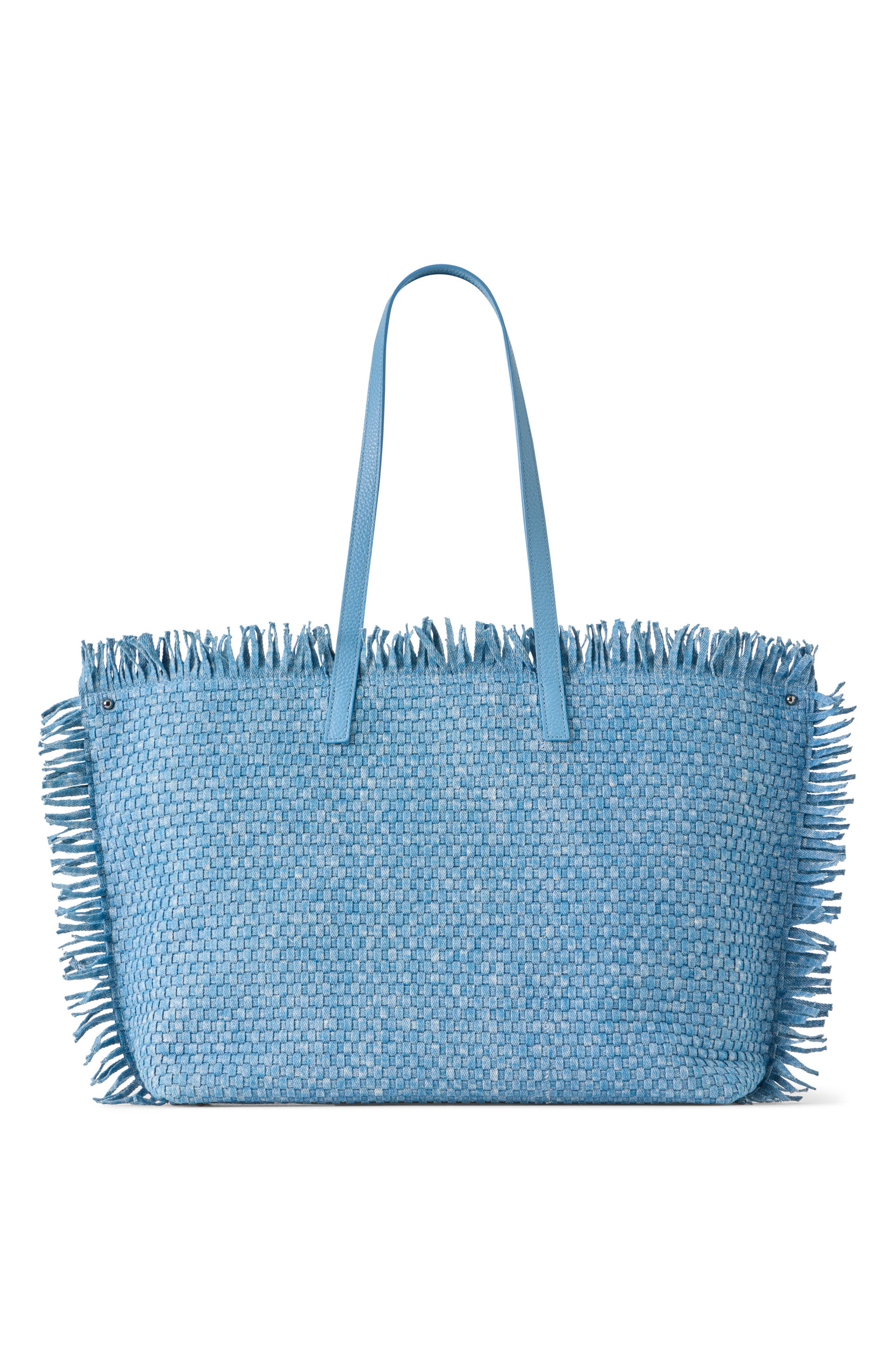 Akris Medium AI Fringed Woven Denim Convertible Tote, Alternate, color, 719 Grey Sky