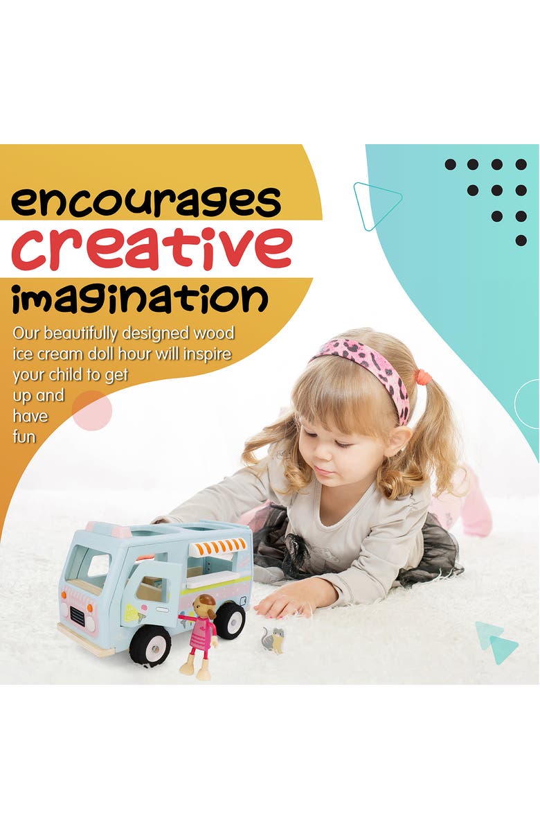 Leo & Friends Wooden Ice Cream Van, 3-Piece Set, for Toddlers 3-Years+ | Wooden Doll House Dolly Ice Cream Van Play Set, Alternate, color, Blue