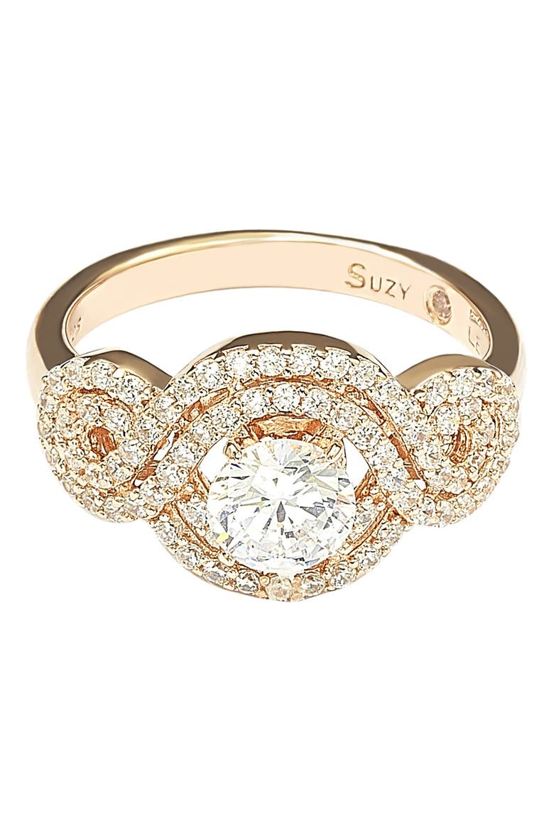 Rose Plated Sterling Silver Round Cubic Zirconia Halo Engagement Ring, Alternate, color, ROSE