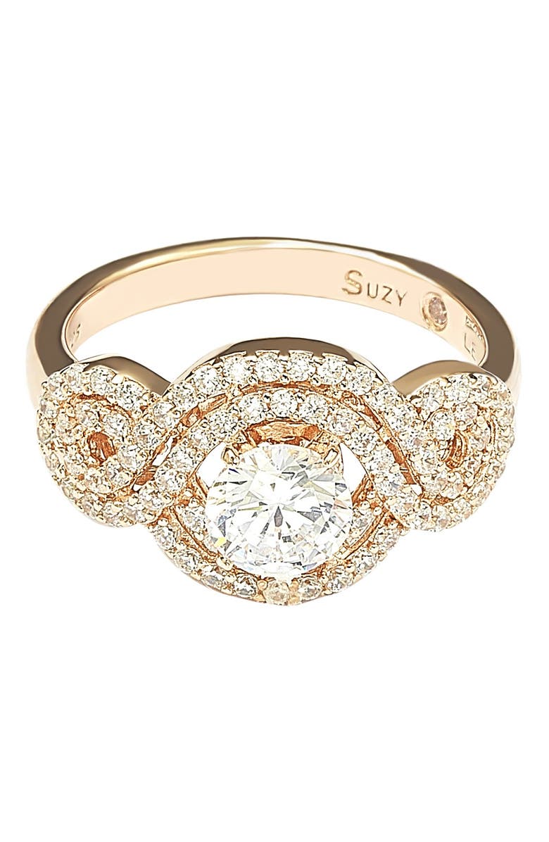 SUZY LEVIAN Rose Plated Sterling Silver Round Cubic Zirconia Halo Engagement Ring, Alternate, color, Rose