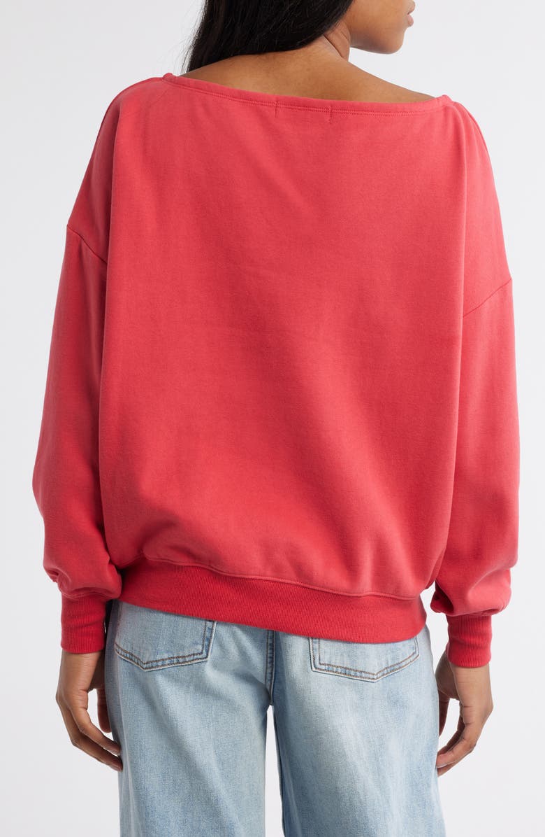 Vinyl Icons Oh Snap Holiday Off the Shoulder Graphic Fleece Sweatshirt, Alternate, color, Red