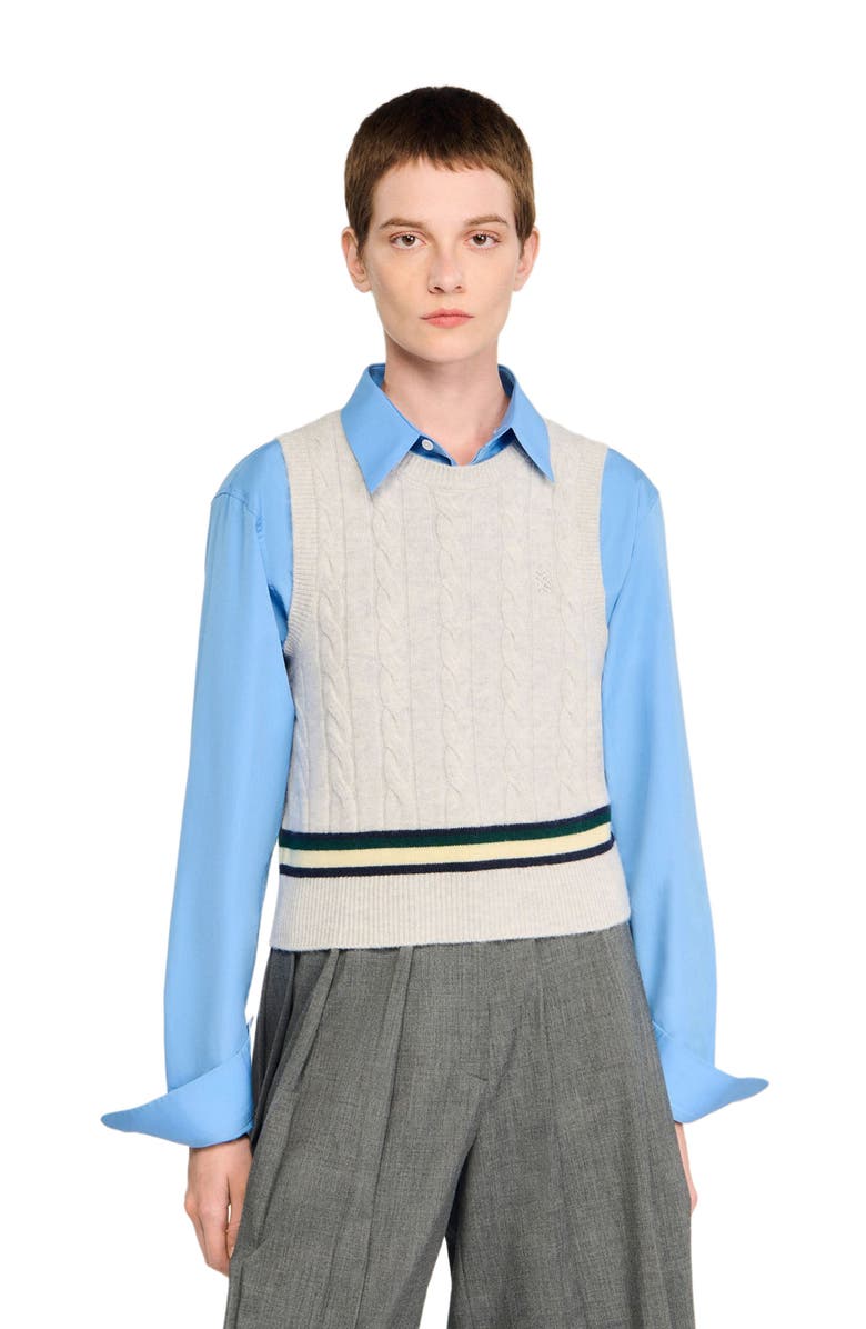 SANDRO Sleeveless cropped cable knit sweater, Alternate, color, Grey