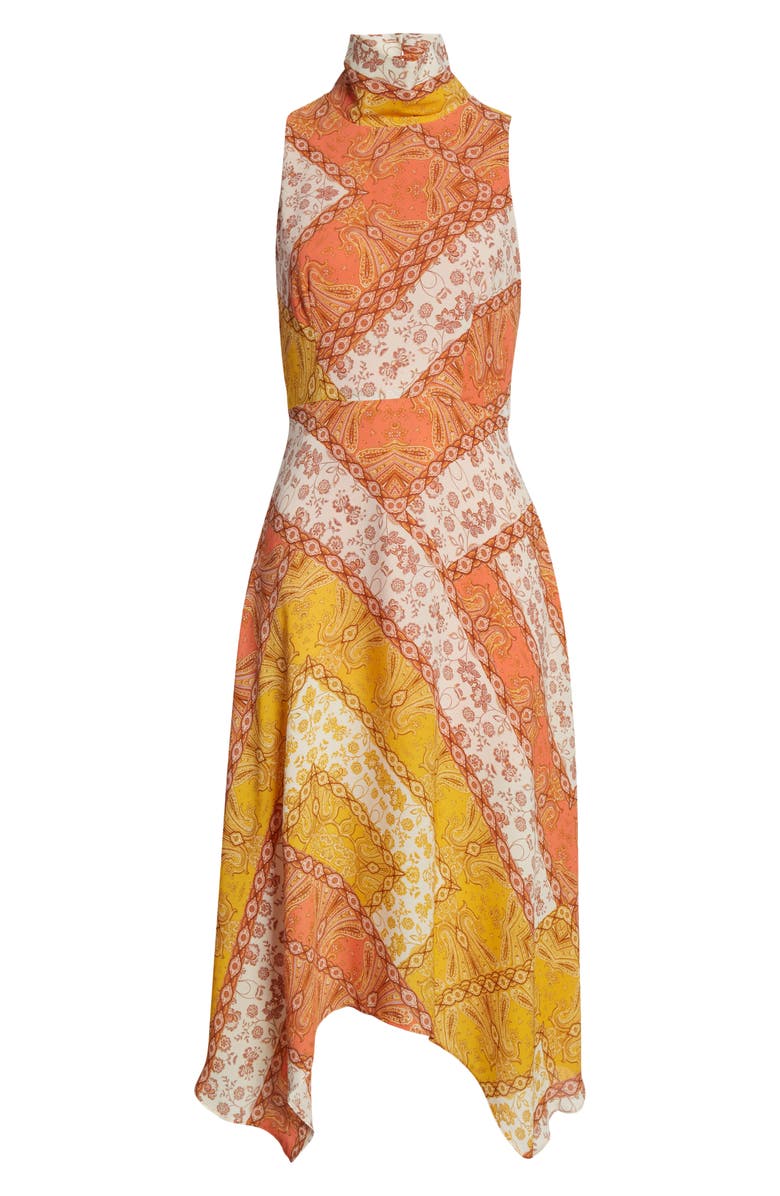 Vince Camuto Scarf Print Handkerchief Hem Crêpe de Chine Midi Dress, Alternate, color,