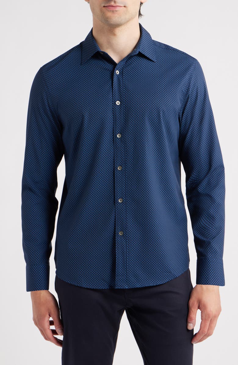 W.R.K Trim Fit Abstract Cube Print Performance Button-Up Shirt, Main, color, Navy