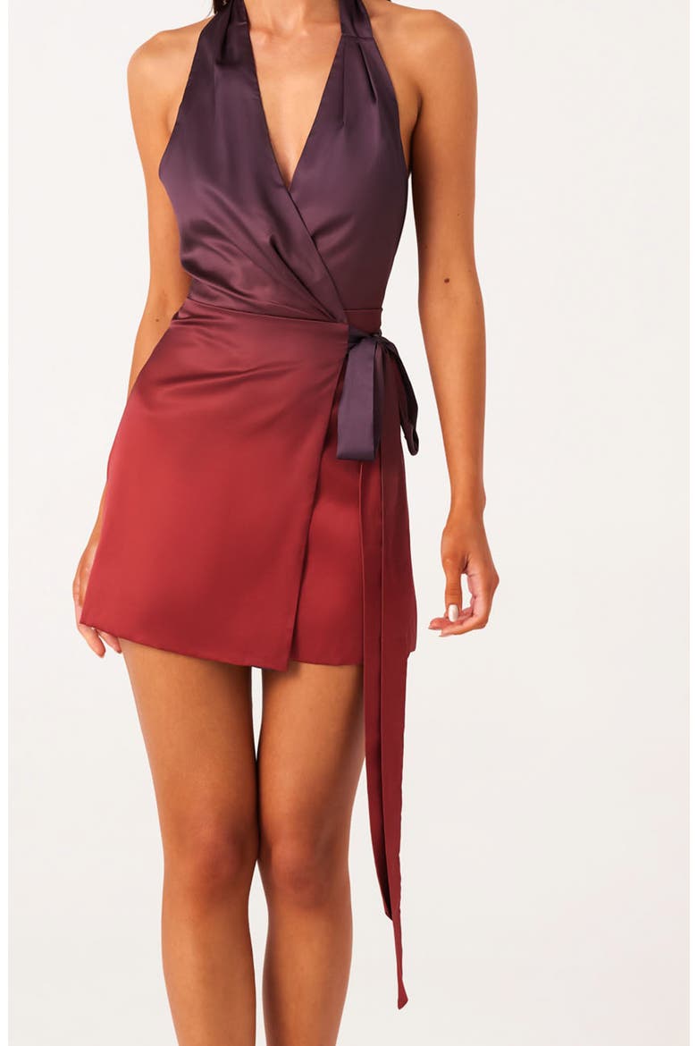 Amaya Ombré Halter Neck Mini Wrap Dress, Alternate, color, PLUM OMBRE