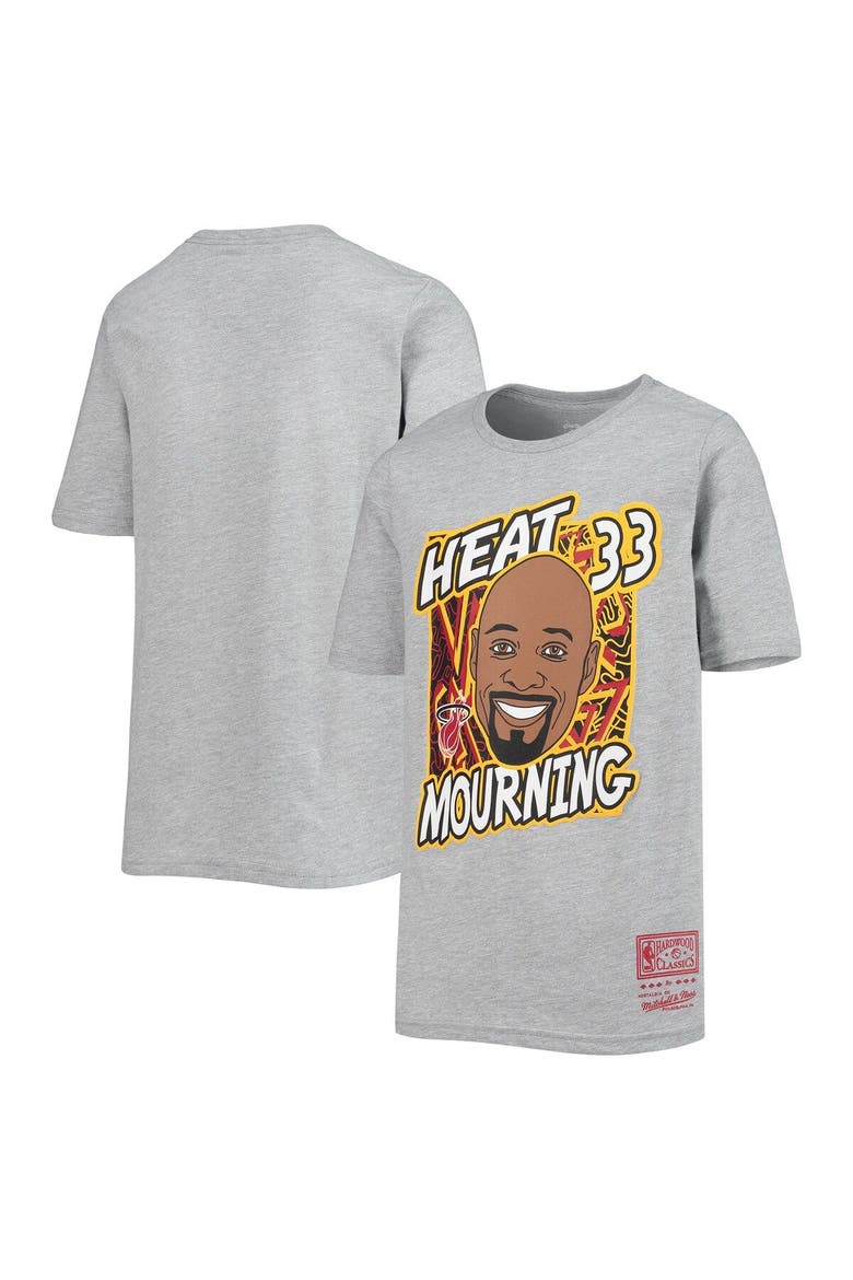 Youth Mitchell & Ness Alonzo Mourning Heathered Gray Miami Heat Hardwood Classics King of the Court Player T-Shirt, Main, color, Heather Gray
