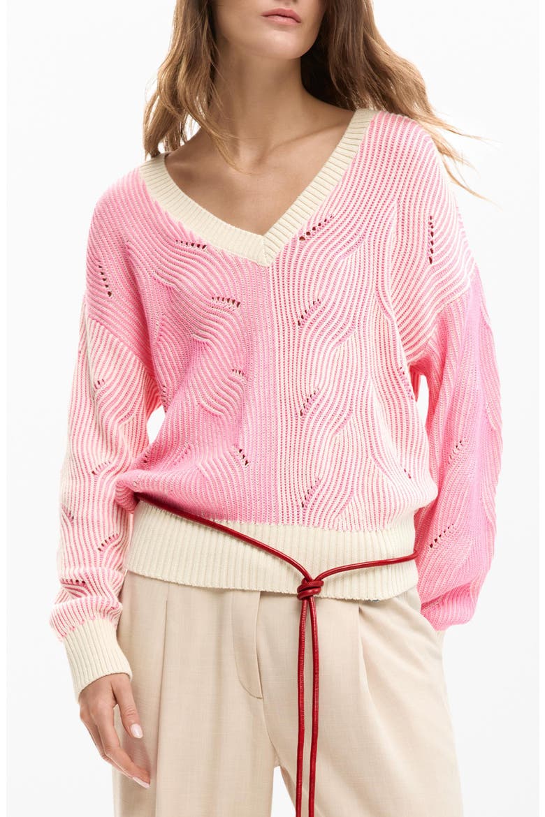 Colorblock Cotton Blend Pointelle Sweater, Main, color, PINK