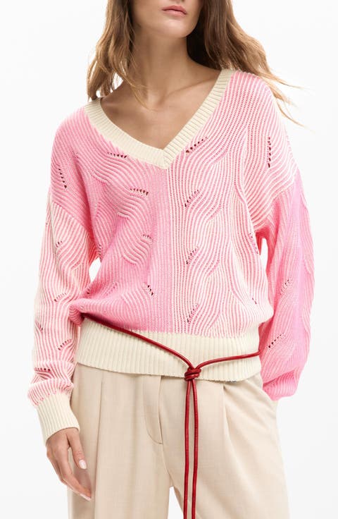Colorblock Cotton Blend Pointelle Sweater