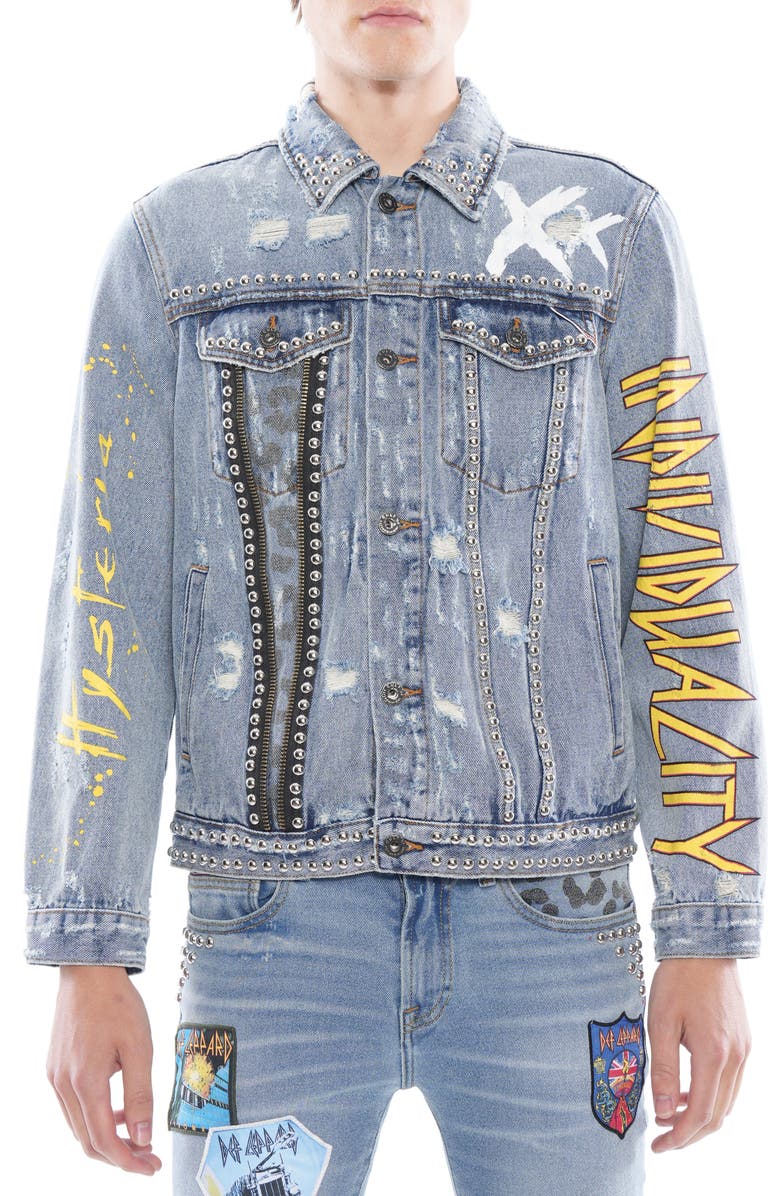 Cult of Individuality Type II Def Leppard Distressed Denim Trucker Jacket, Main, color, 